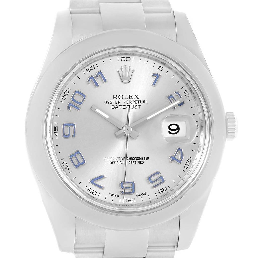 This image shows a front view of a Rolex Datejust 41 116300 Men's Stainless Steel Silver Dial 116300 Men's Stainless Steel Silver Dial watch, highlighting its dial, bezel, and a portion of the bracelet.
