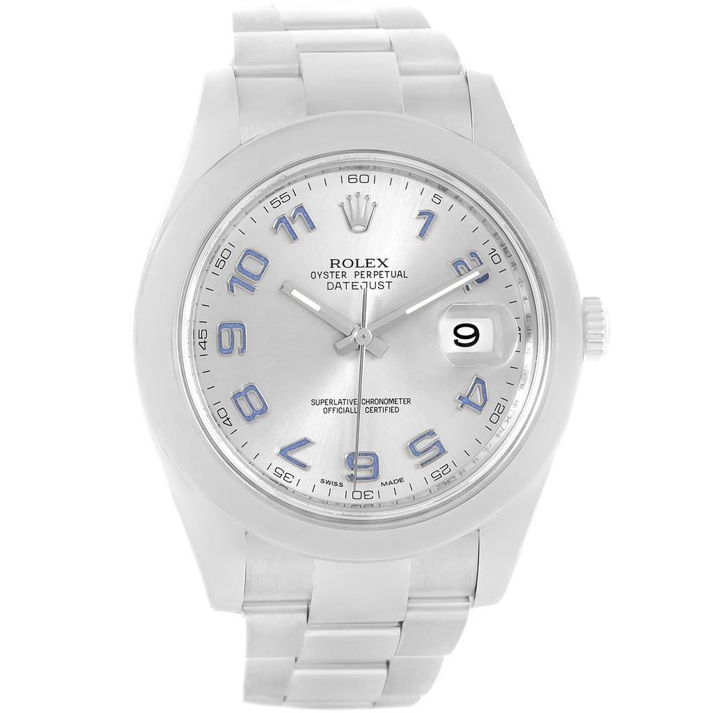 This image shows a front-facing view of a Rolex Datejust 41 116300 Men's Stainless Steel Silver Dial 116300 Men's Stainless Steel Silver Dial watch, displaying its dial, hands, bracelet, and date window.