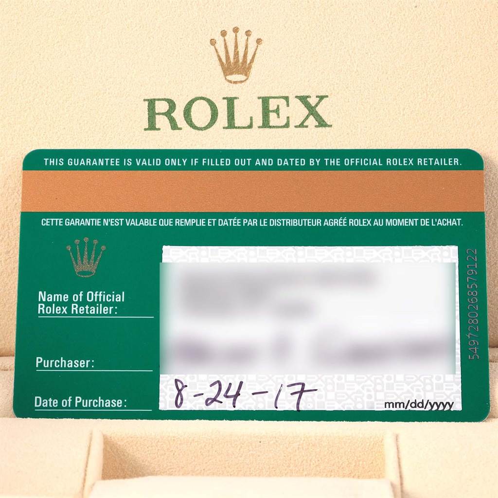 The image shows a guarantee card for a Rolex Datejust 41 126333 Men's Steel and Gold (two tone) Champagne Dial 126333 Men's Steel and Gold (two tone) Champagne Dial watch, including warranty information, date of purchase, and retailer details.