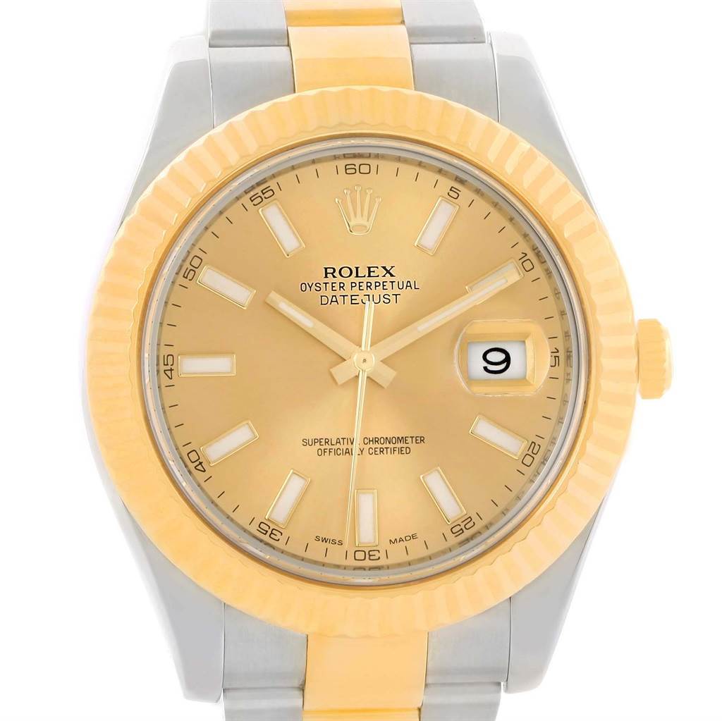 This image shows a front view of a Rolex Datejust 41 126333 Men's Steel and Gold (two tone) Champagne Dial 126333 Men's Steel and Gold (two tone) Champagne Dial watch, highlighting its face, bezel, and bracelet.
