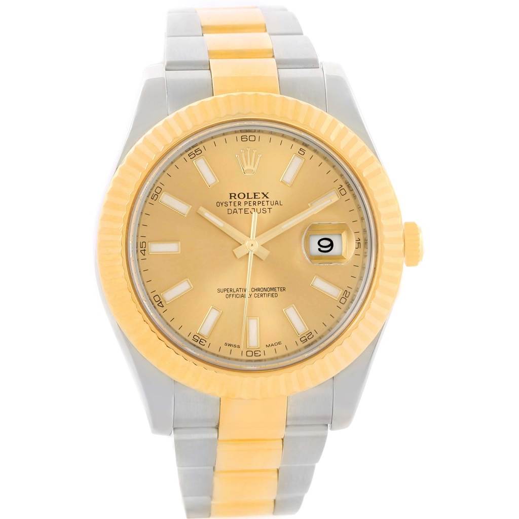 The image shows a frontal view of a Rolex Datejust 41 126333 Men's Steel and Gold (two tone) Champagne Dial 126333 Men's Steel and Gold (two tone) Champagne Dial watch, featuring its dial, bezel, and bracelet.