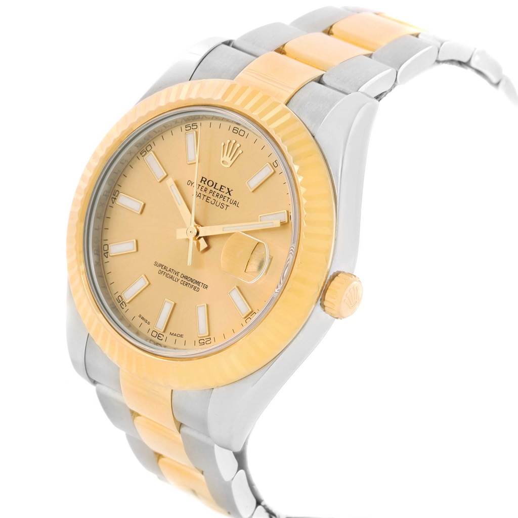 The image shows a Rolex Datejust 41 126333 Men's Steel and Gold (two tone) Champagne Dial 126333 Men's Steel and Gold (two tone) Champagne Dial watch at an angled side view, highlighting its two-tone bracelet, face, bezel, and crown.