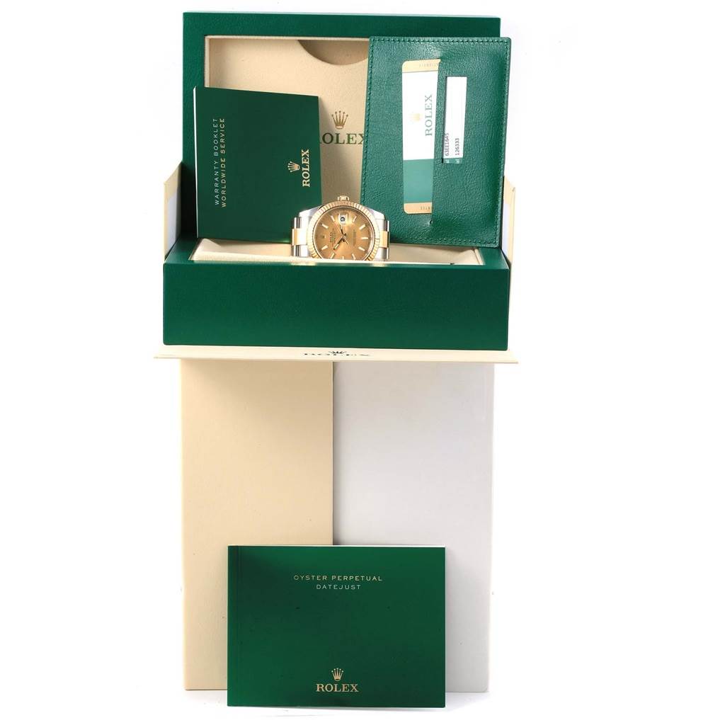 The image shows a Rolex Datejust 41 126333 Men's Steel and Gold (two tone) Champagne Dial 126333 Men's Steel and Gold (two tone) Champagne Dial watch in its box, with warranty cards and documentation displayed.