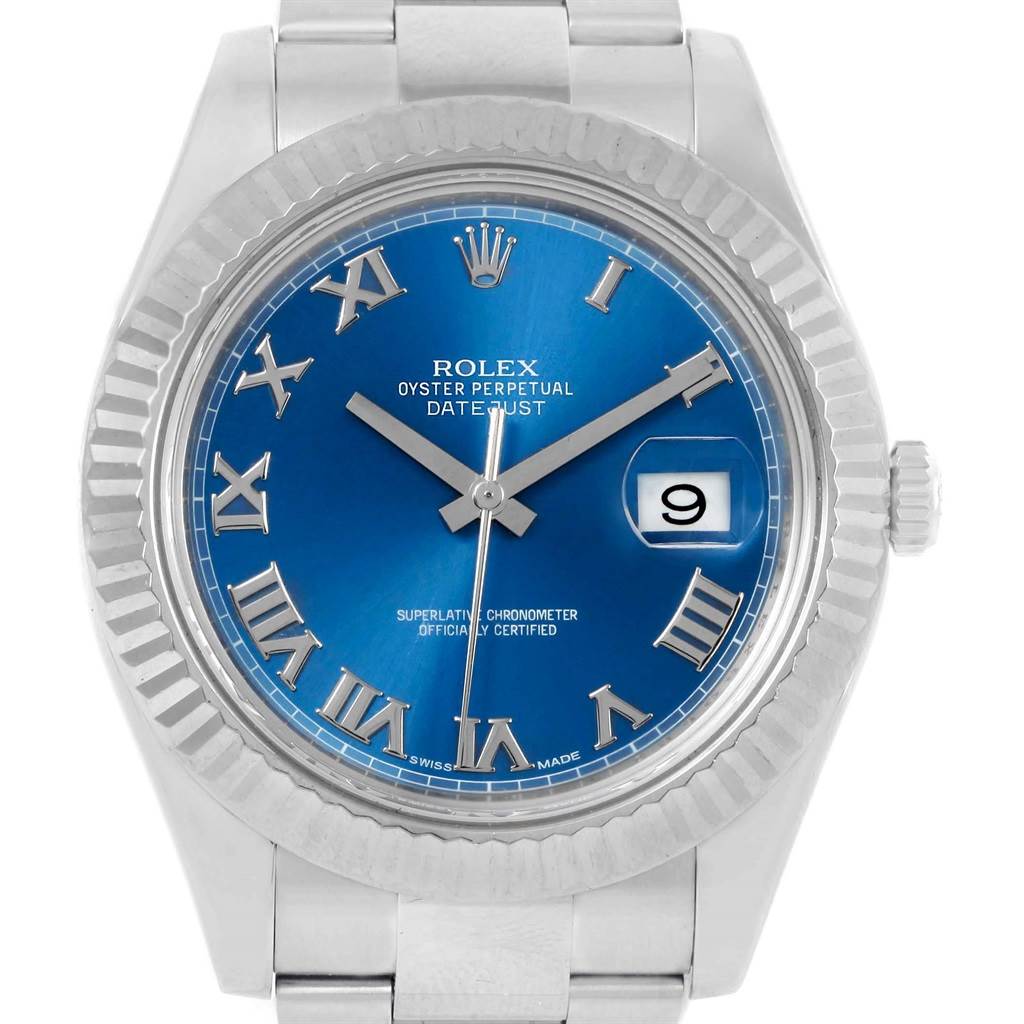 This is a close-up image of a Rolex Datejust 41 116334 Men's Stainless Steel Blue Dial 116334 Men's Stainless Steel Blue Dial watch, showing its blue dial, Roman numeral markers, date window, and fluted bezel.