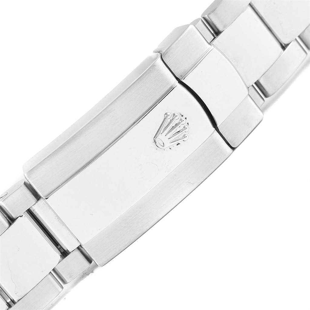 This is a close-up view of the clasp on the bracelet of a Rolex Datejust 41 116334 Men's Stainless Steel Blue Dial 116334 Men's Stainless Steel Blue Dial watch.