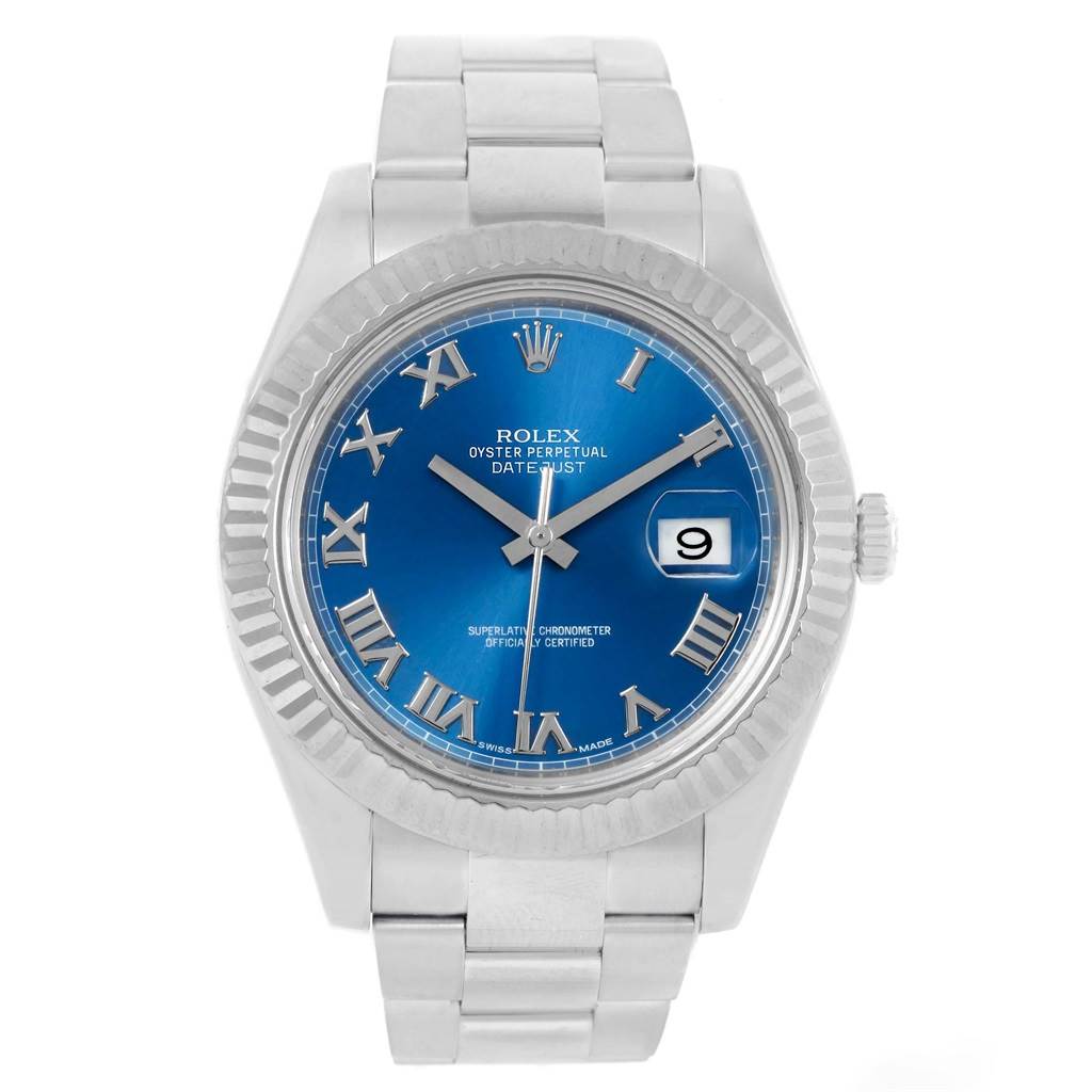 The image shows a front view of the Rolex Datejust 41 116334 Men's Stainless Steel Blue Dial 116334 Men's Stainless Steel Blue Dial watch with a blue dial and Roman numerals.