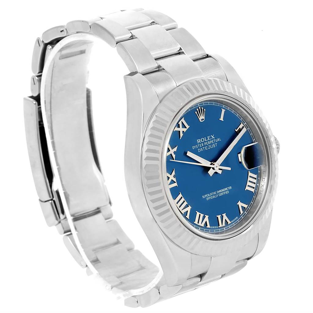 The image shows a side angle of the Rolex Datejust 41 116334 Men's Stainless Steel Blue Dial 116334 Men's Stainless Steel Blue Dial watch, highlighting the blue dial, fluted bezel, and stainless steel bracelet.