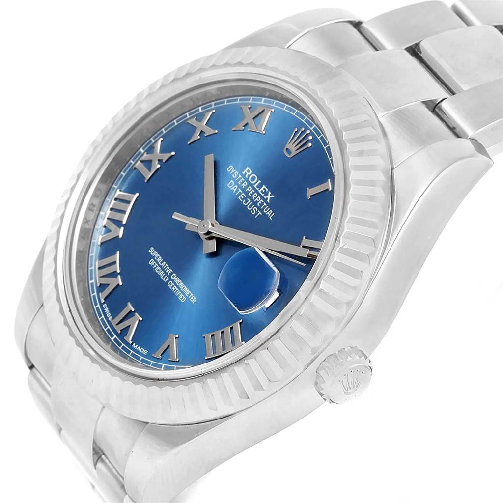 The image shows a side view of a Rolex Datejust 41 116334 Men's Stainless Steel Blue Dial 116334 Men's Stainless Steel Blue Dial watch featuring a blue dial with Roman numerals, a fluted bezel, and a stainless steel bracelet.