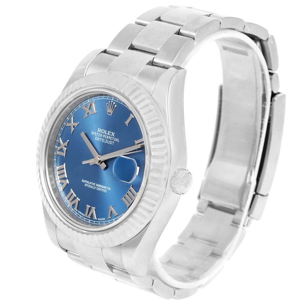 The image shows a Rolex Datejust 41 116334 Men's Stainless Steel Blue Dial 116334 Men's Stainless Steel Blue Dial watch at a 3/4 angle, displaying the blue dial, bezel, bracelet, and crown.