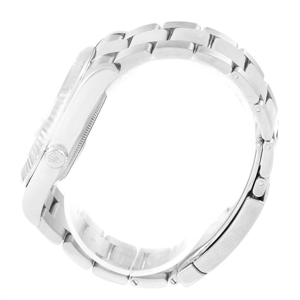 This side view of the Rolex Datejust 41 116334 Men's Stainless Steel Grey Dial 116334 Men's Stainless Steel Grey Dial watch highlights the crown and bracelet links.