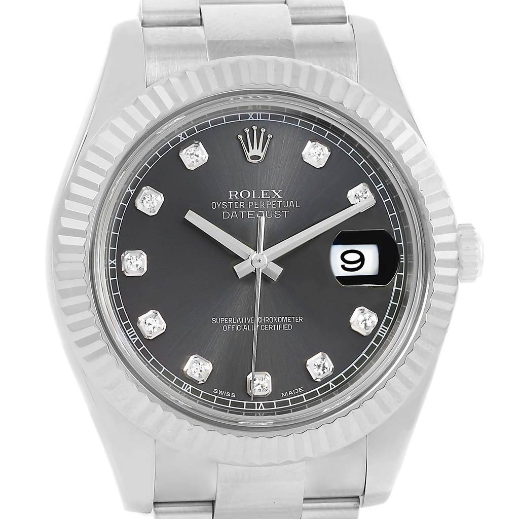 The image shows a front view of the Rolex Datejust 41 116334 Men's Stainless Steel Grey Dial 116334 Men's Stainless Steel Grey Dial watch, displaying its dial, hands, date, and part of the bracelet.