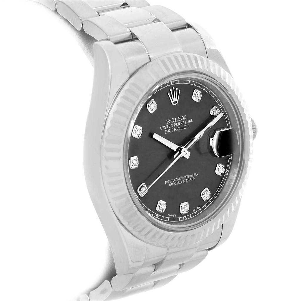 The image shows a side-angle view of the Rolex Datejust 41 116334 Men's Stainless Steel Grey Dial 116334 Men's Stainless Steel Grey Dial watch, highlighting the dial, fluted bezel, and oyster bracelet.