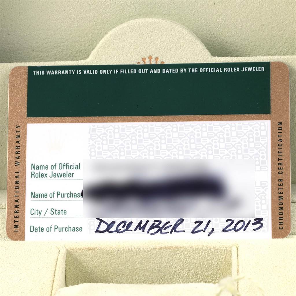 This image shows the official warranty card for the Rolex Datejust 41 116334 Men's Stainless Steel Grey Dial 116334 Men's Stainless Steel Grey Dial, including the purchase date and jeweler's information.