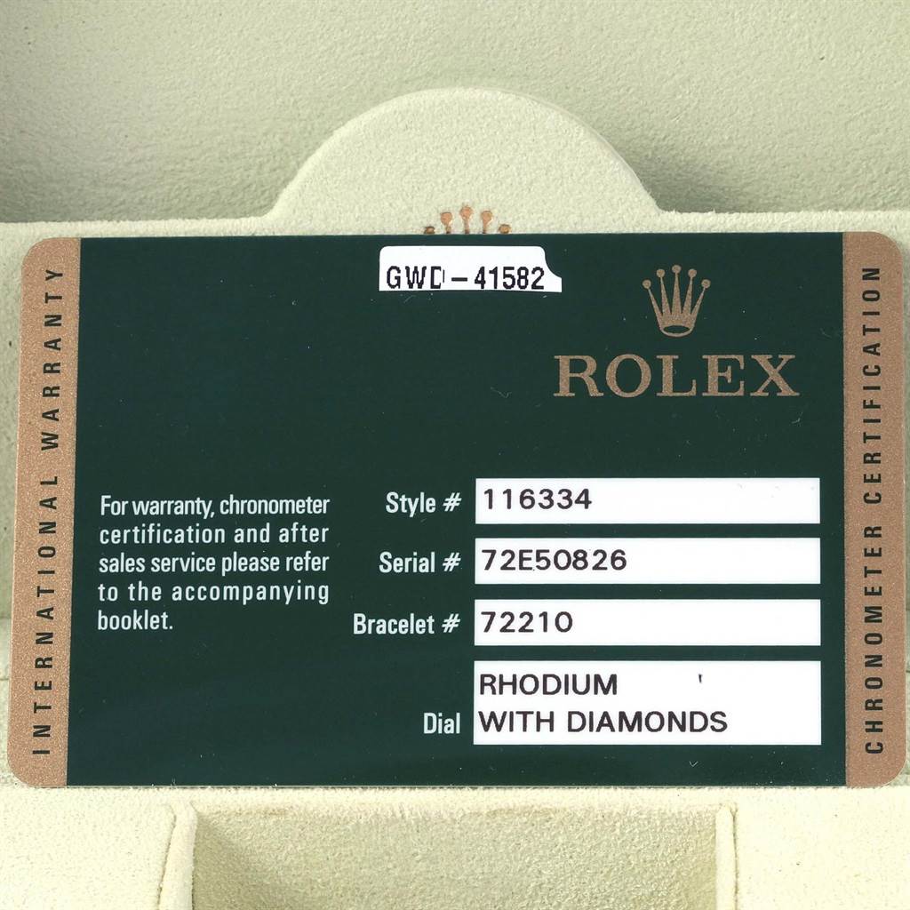 This image shows the warranty card of a Rolex Datejust 41 116334 Men's Stainless Steel Grey Dial 116334 Men's Stainless Steel Grey Dial model, displaying the style, serial, bracelet numbers, and dial description.
