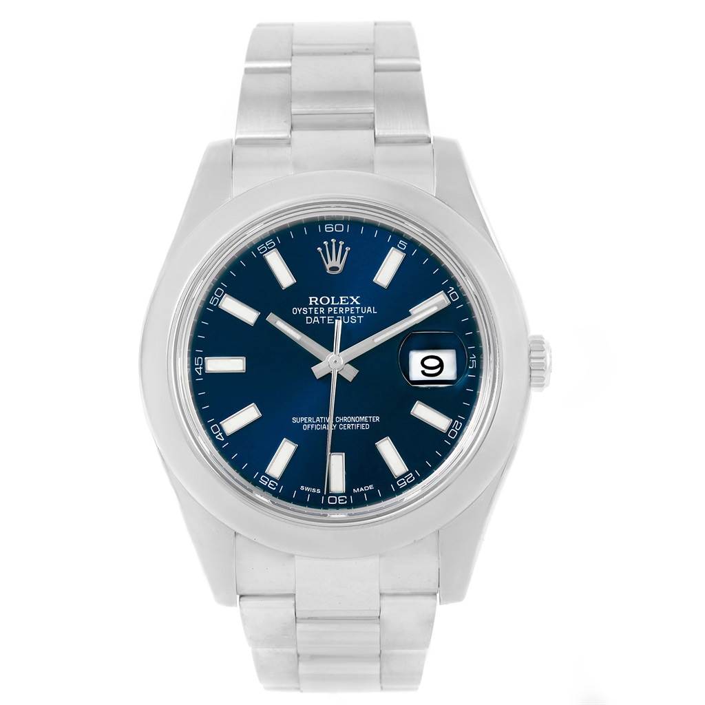 This image shows a front view of the Rolex Datejust 41 116300 Men's Stainless Steel Blue Dial 116300 Men's Stainless Steel Blue Dial model, displaying its dial, hands, date window, and bracelet.