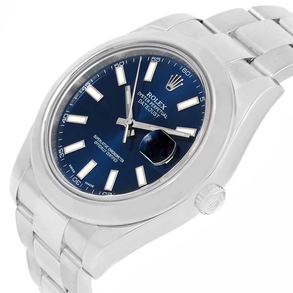 The image shows a Rolex Datejust 41 116300 Men's Stainless Steel Blue Dial 116300 Men's Stainless Steel Blue Dial watch at an angled side view, highlighting its bracelet, crown, and blue dial with date magnifier.
