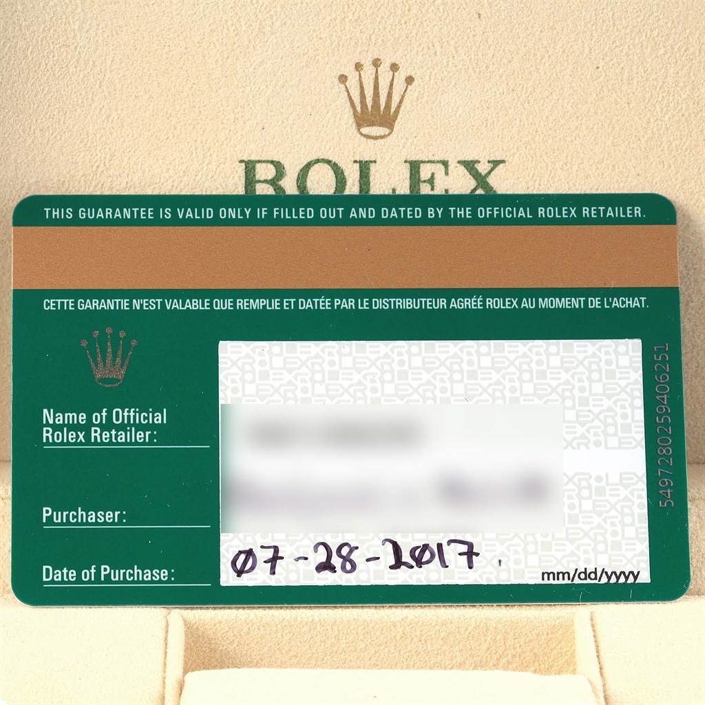 The image shows the warranty card of a Rolex Datejust 41 116300 Men's Stainless Steel Blue Dial 116300 Men's Stainless Steel Blue Dial watch, dated 07-28-2017.