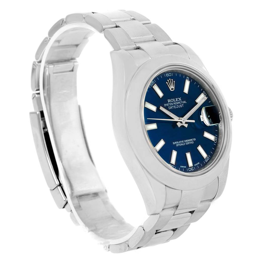 The image shows a side angle of the Rolex Datejust 41 116300 Men's Stainless Steel Blue Dial 116300 Men's Stainless Steel Blue Dial watch, highlighting the face, bracelet, and clasp.