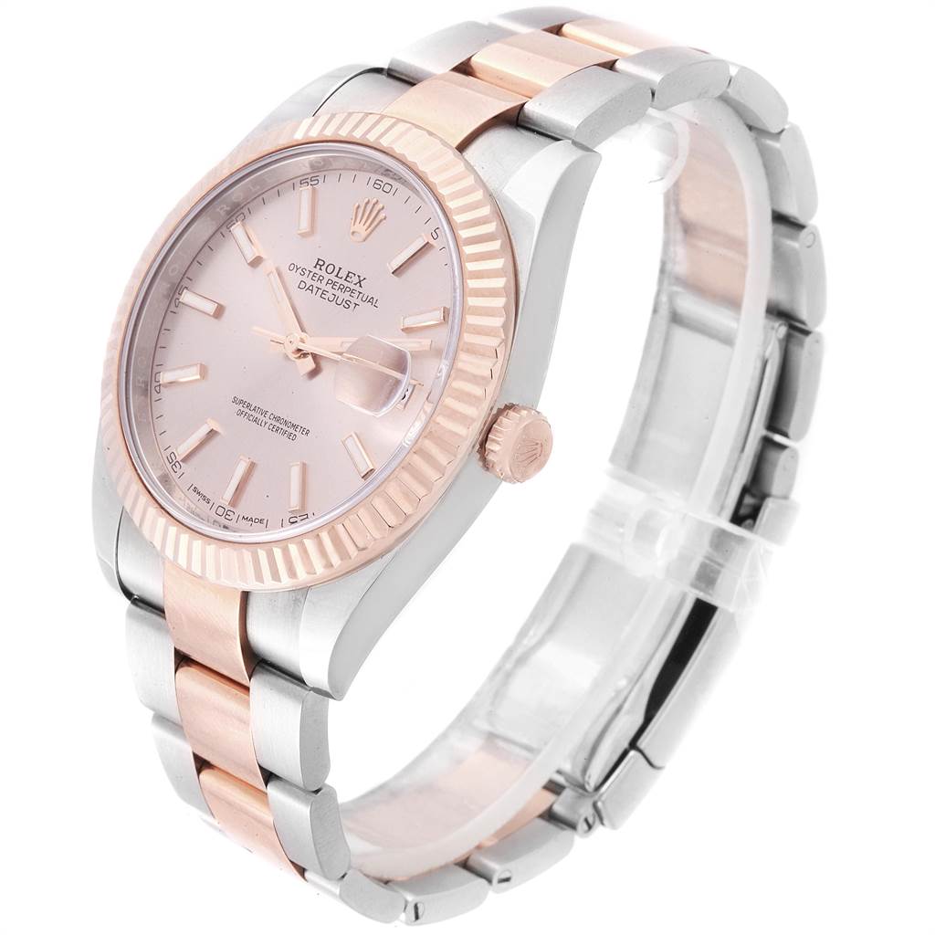 The image shows a Rolex Datejust 41 126331 Men's Steel and Gold (two tone) Pink Dial 126331 Men's Steel and Gold (two tone) Pink Dial watch at a slight angle, featuring the face, bezel, crown, and part of the bracelet.