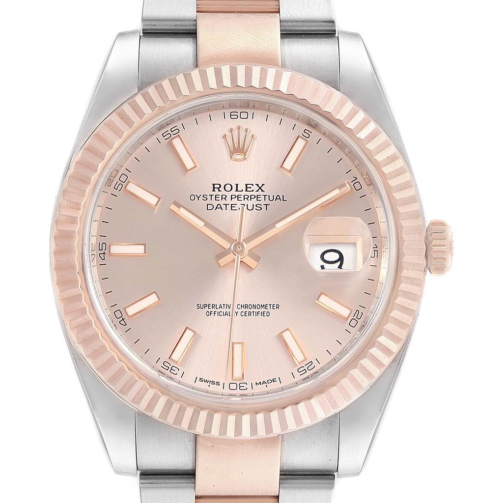 This image shows a Rolex Datejust 41 126331 Men's Steel and Gold (two tone) Pink Dial 126331 Men's Steel and Gold (two tone) Pink Dial watch from a front angle, displaying the face, bezel, crown, and part of the bracelet.