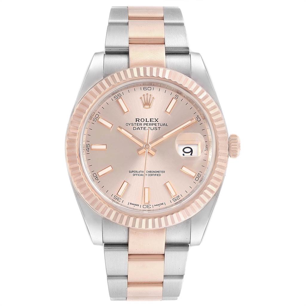 The image shows a Rolex Datejust 41 126331 Men's Steel and Gold (two tone) Pink Dial 126331 Men's Steel and Gold (two tone) Pink Dial watch from a front angle, highlighting the dial, bezel, bracelet, and clasp.