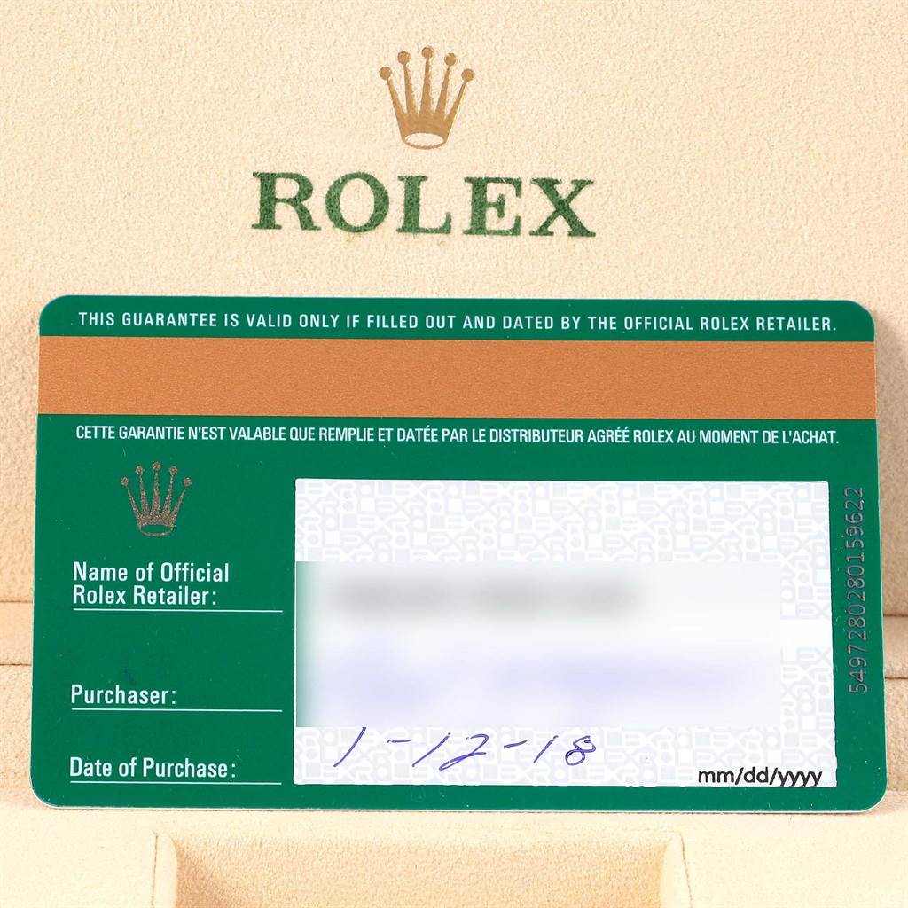 This image shows a guarantee card for the Rolex Datejust 41 116334 Men's Stainless Steel Blue Dial 116334 Men's Stainless Steel Blue Dial model, including the retailer, purchaser, and date of purchase fields.