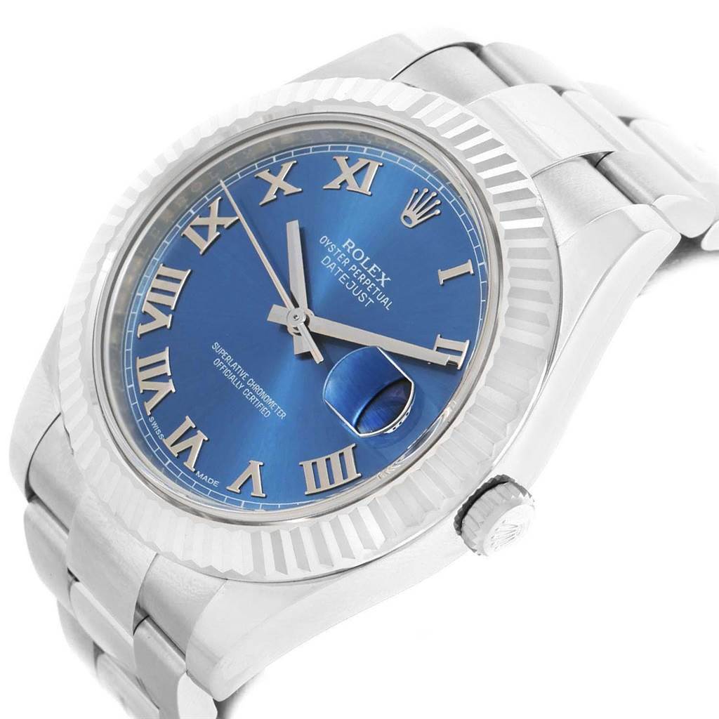 This image shows a Rolex Datejust 41 116334 Men's Stainless Steel Blue Dial 116334 Men's Stainless Steel Blue Dial watch at a slight angle, highlighting its blue dial, Roman numerals, and part of the bracelet.