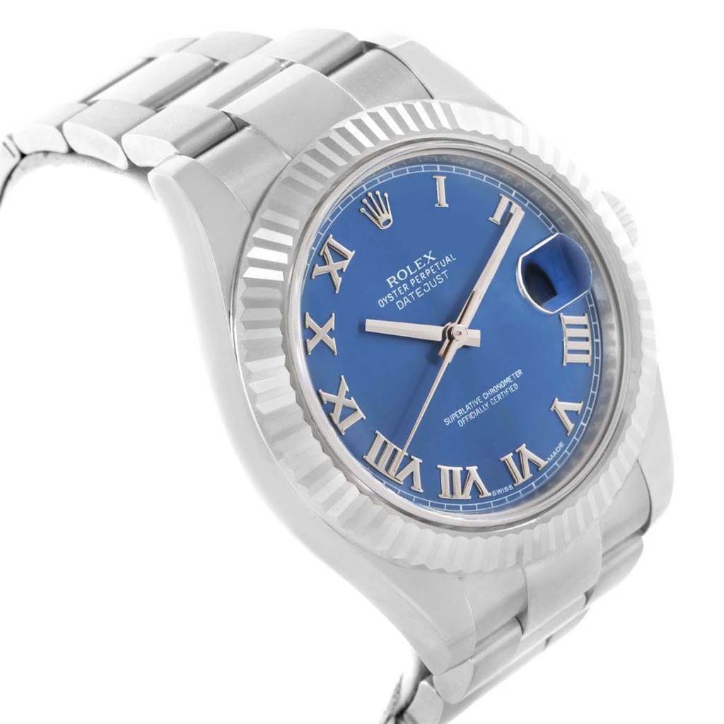 The image shows the Rolex Datejust 41 116334 Men's Stainless Steel Blue Dial 116334 Men's Stainless Steel Blue Dial watch from an angled side view, highlighting its blue dial, Roman numerals, and metal bracelet.