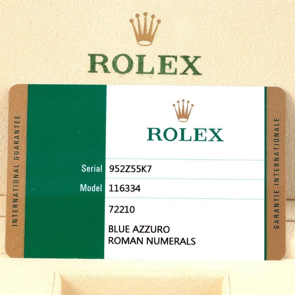 The image shows a certificate with the Rolex logo for the Datejust 41 model 116334 with the serial number 952Z55K7.