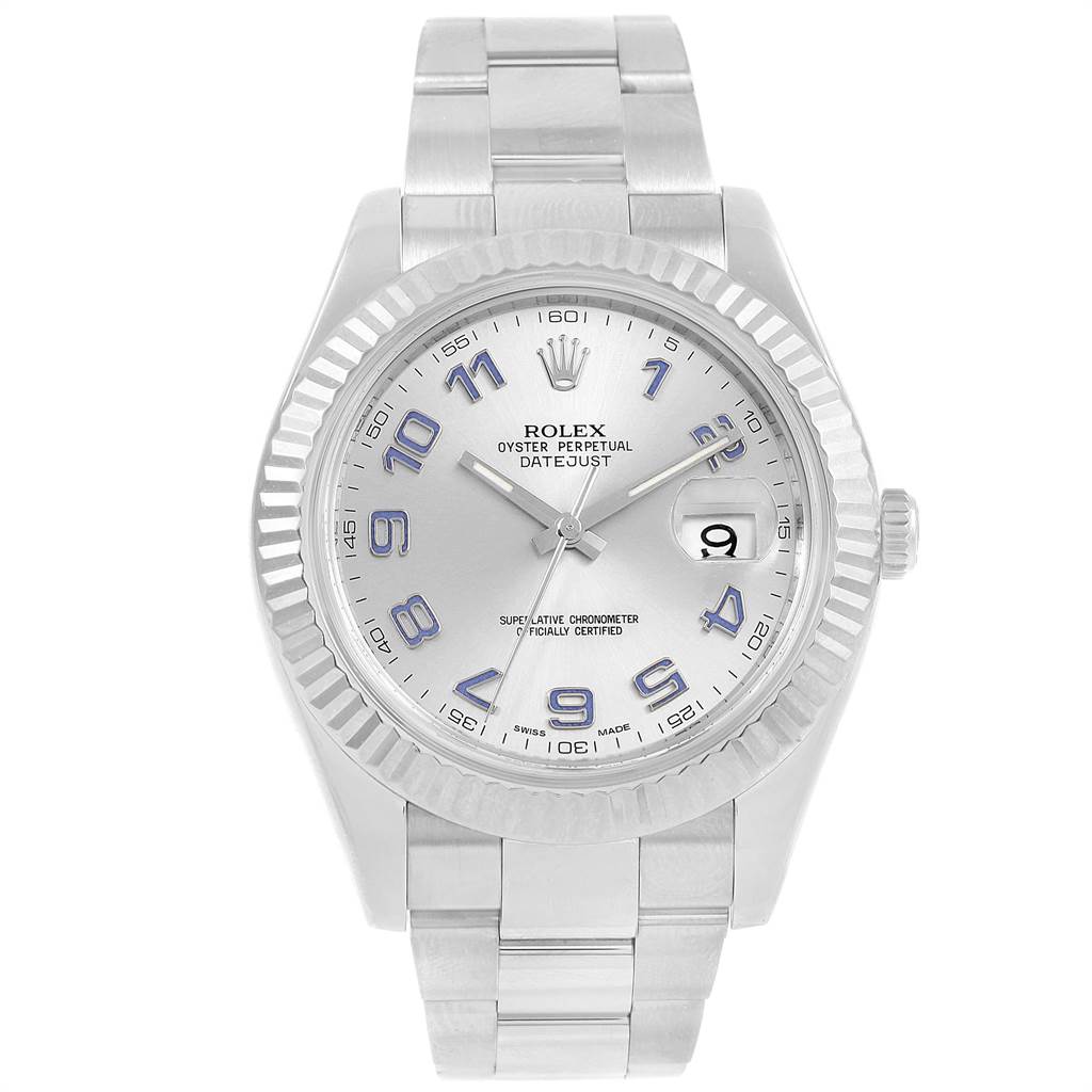 The image shows a front view of a Rolex Datejust 41 116334 Men's Stainless Steel Grey Dial 116334 Men's Stainless Steel Grey Dial watch, featuring its dial, bezel, and bracelet.