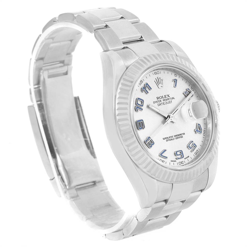 The Rolex Datejust 41 116334 Men's Stainless Steel Grey Dial 116334 Men's Stainless Steel Grey Dial watch is shown at an angle highlighting its face, fluted bezel, and bracelet.