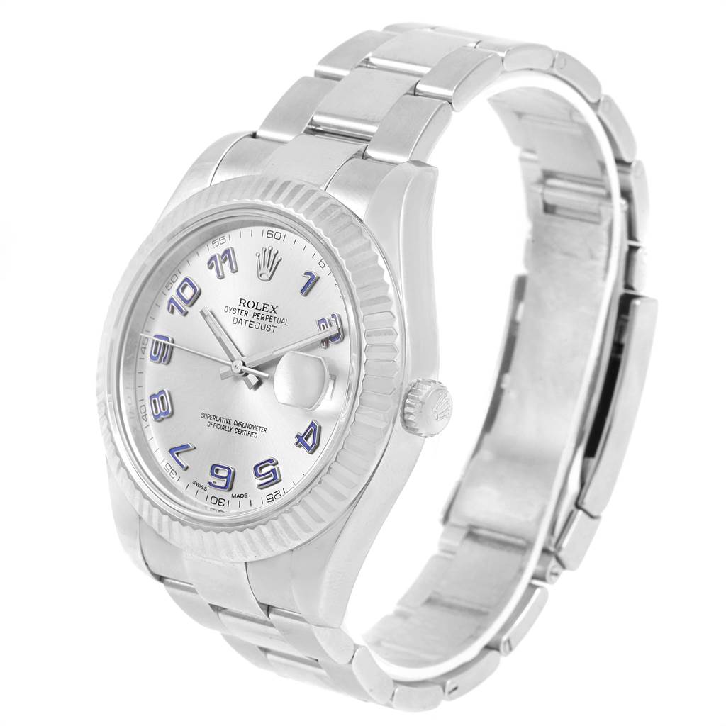 The image shows a Rolex Datejust 41 116334 Men's Stainless Steel Grey Dial 116334 Men's Stainless Steel Grey Dial watch at a 3/4 angle, displaying its dial, bezel, and part of its bracelet.