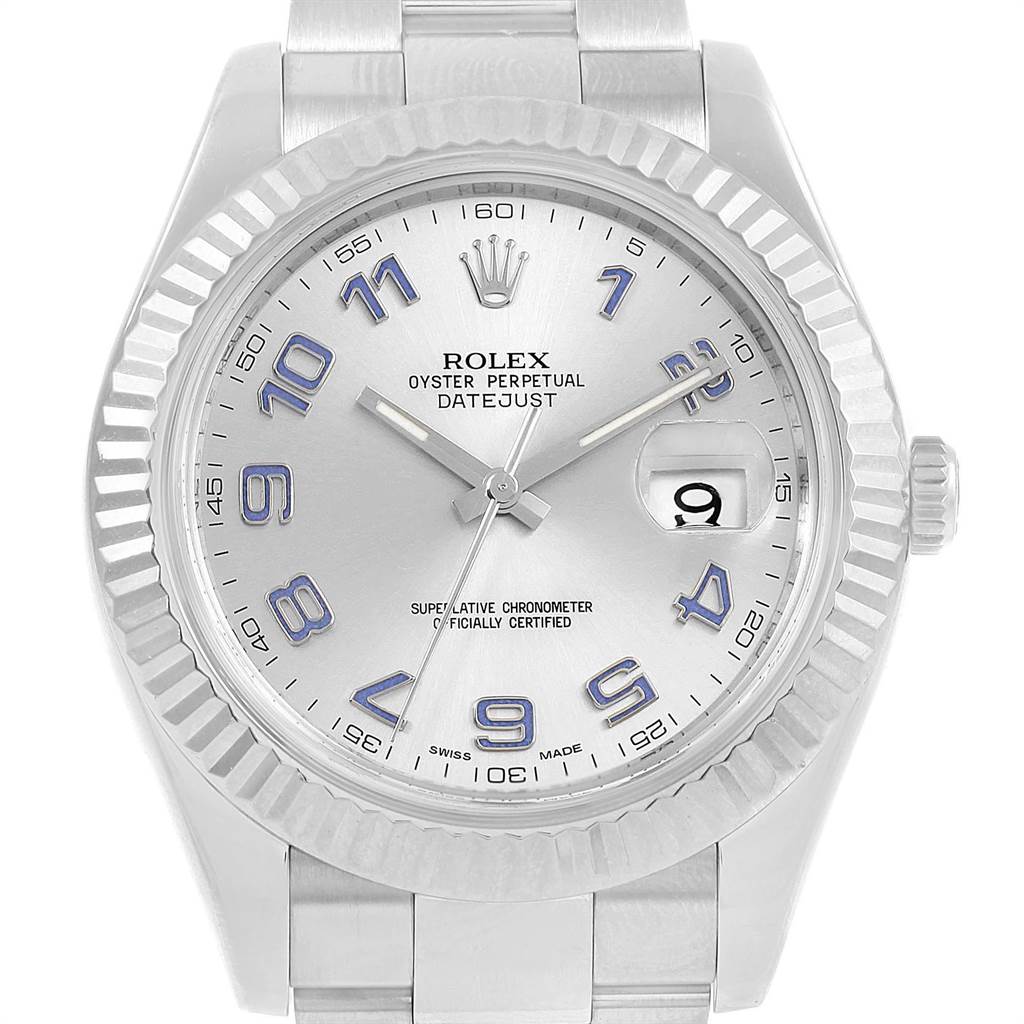 This image shows the face and part of the bracelet of a Rolex Datejust 41 116334 Men's Stainless Steel Grey Dial 116334 Men's Stainless Steel Grey Dial watch, highlighting its dial, hour markers, and fluted bezel.