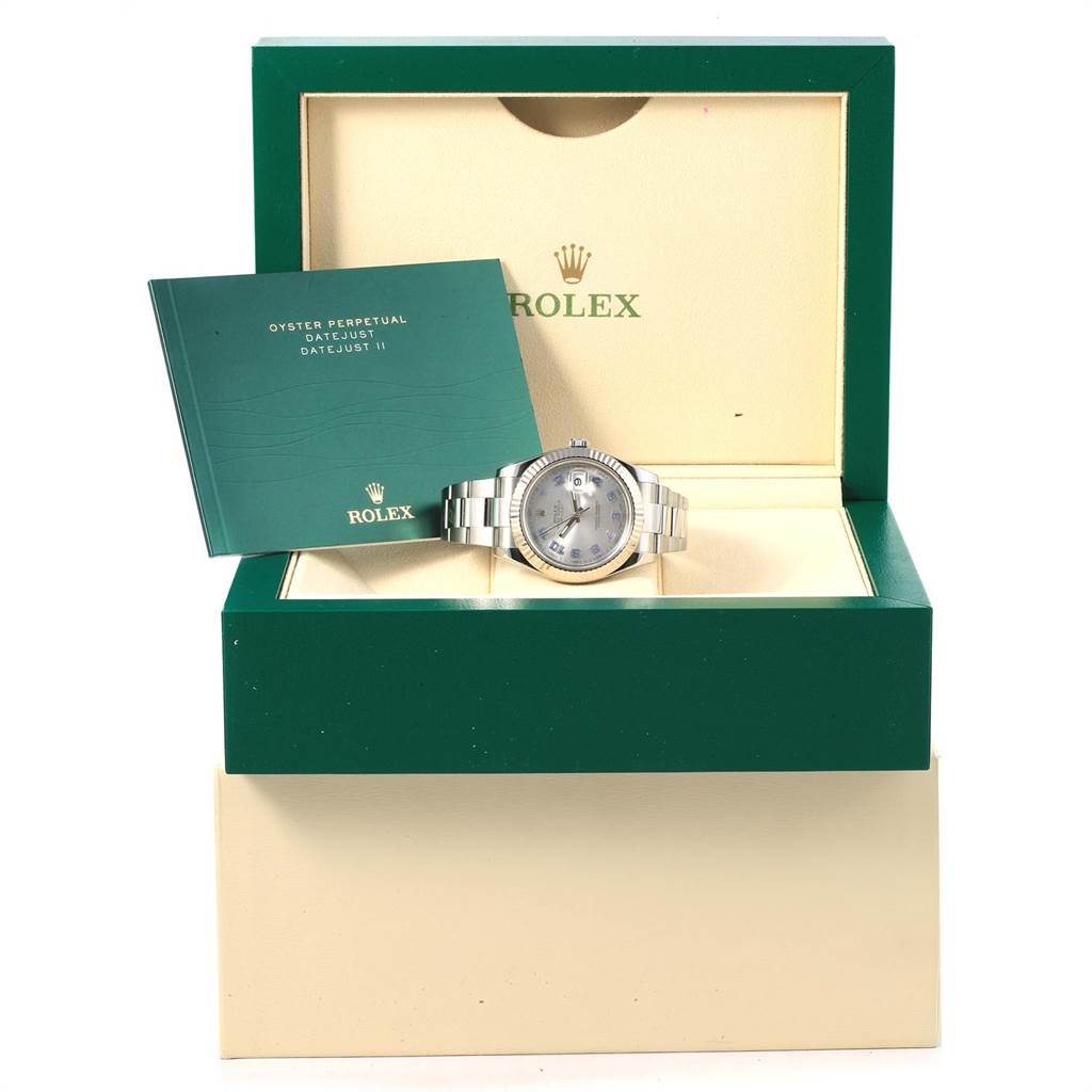 The image shows a Rolex Datejust 41 116334 Men's Stainless Steel Grey Dial 116334 Men's Stainless Steel Grey Dial watch and its box from a front angle, along with an accompanying manual.
