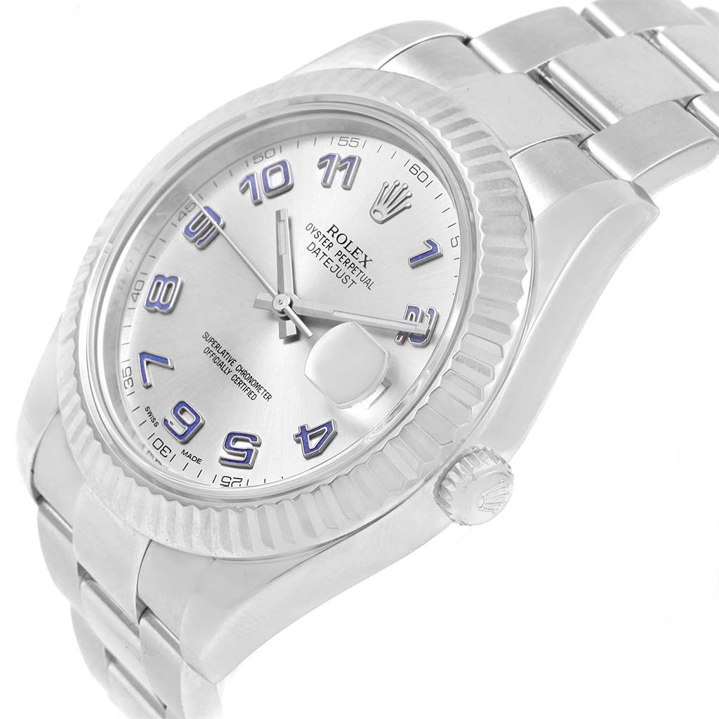 The image shows the Rolex Datejust 41 116334 Men's Stainless Steel Grey Dial 116334 Men's Stainless Steel Grey Dial watch from an angle that highlights the dial, bezel, crown, and part of the bracelet.