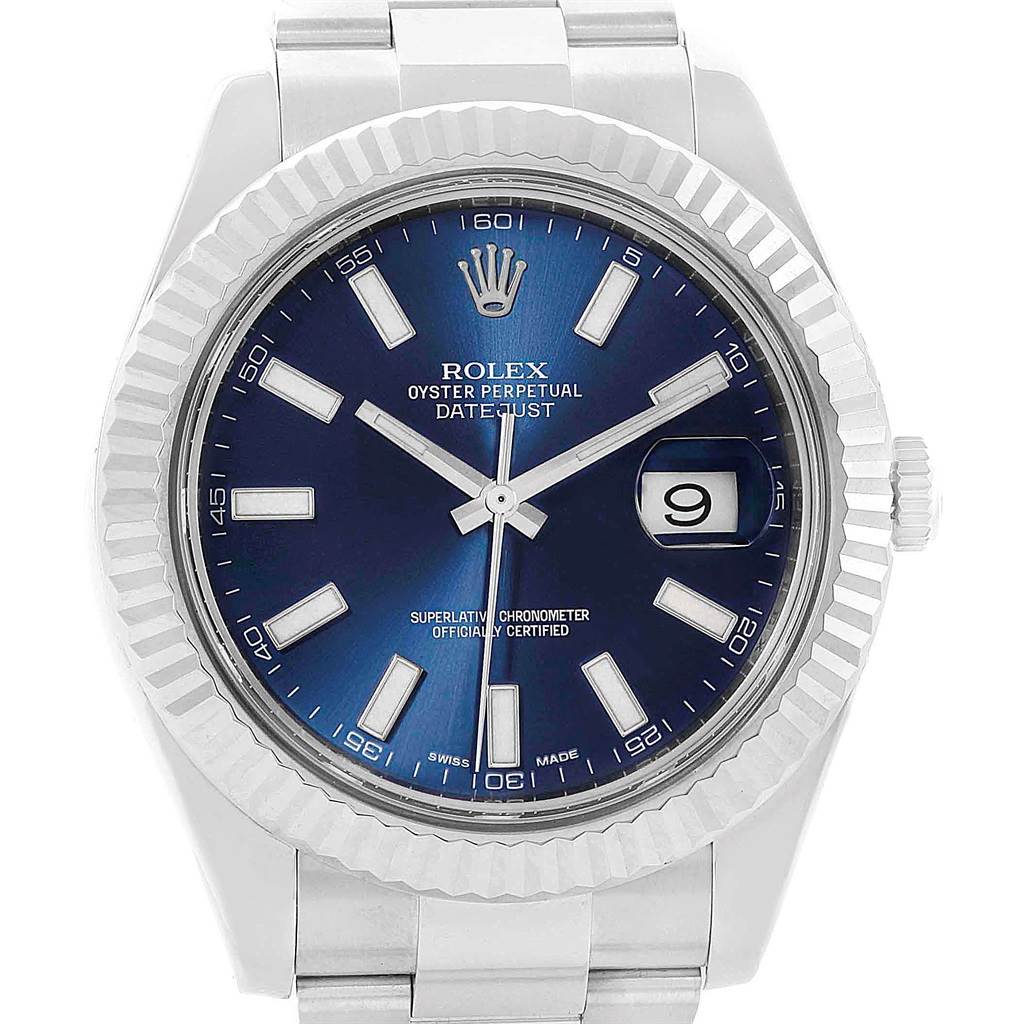 The image shows a frontal view of the Rolex Datejust 41 116334 Men's Stainless Steel Blue Dial 116334 Men's Stainless Steel Blue Dial watch, highlighting its blue dial, fluted bezel, and date window.