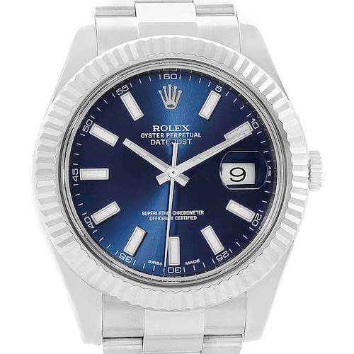 Photo of Rolex Datejust II Steel White Gold Blue Baton Dial Mens Watch 116334