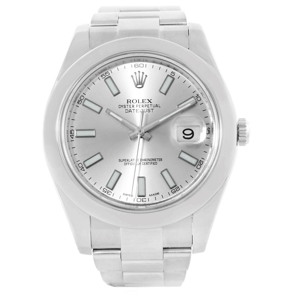 The image shows a frontal view of a Rolex Datejust 41 116300 Men's Stainless Steel Silver Dial 116300 Men's Stainless Steel Silver Dial watch, highlighting the dial, hands, and bracelet.