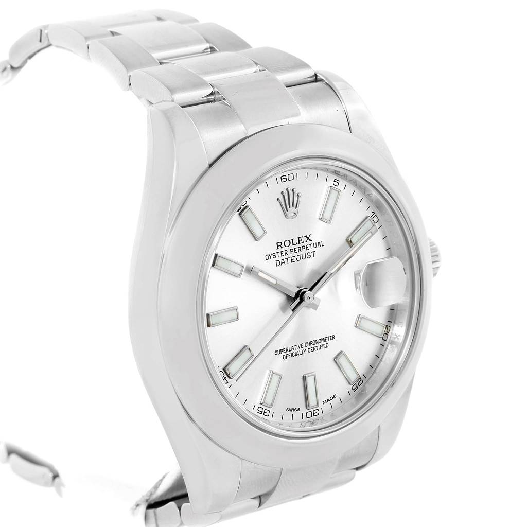 The image shows a front angle of a Rolex Datejust 41 116300 Men's Stainless Steel Silver Dial 116300 Men's Stainless Steel Silver Dial watch, highlighting the dial, bezel, and part of the bracelet.