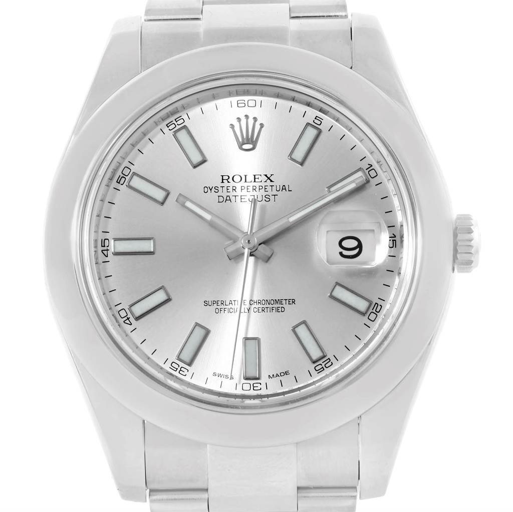 The image shows a front view of a Rolex Datejust 41 116300 Men's Stainless Steel Silver Dial 116300 Men's Stainless Steel Silver Dial watch, highlighting its dial, hour markers, hands, and date window.