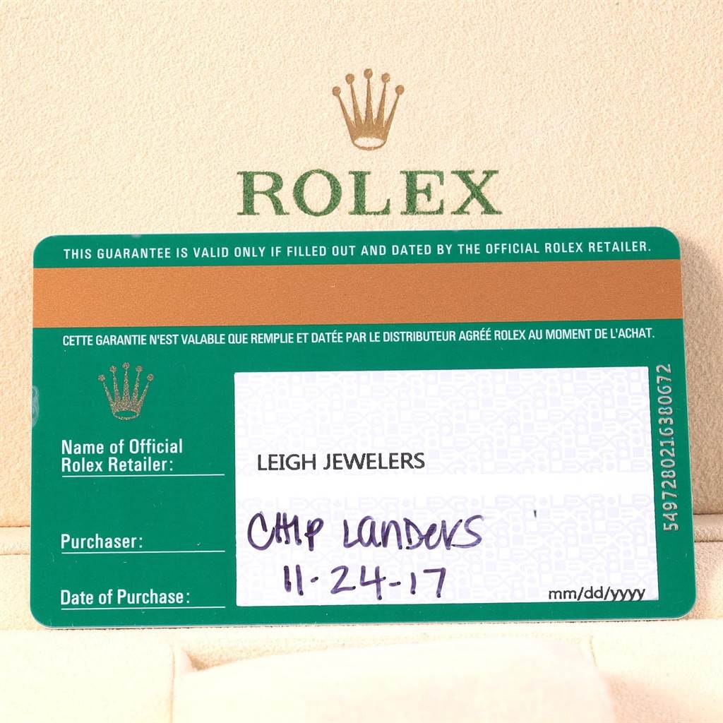 This image shows the guarantee card for a Rolex Datejust 41 116300 Men's Stainless Steel Silver Dial 116300 Men's Stainless Steel Silver Dial, including retailer information and the purchase date.