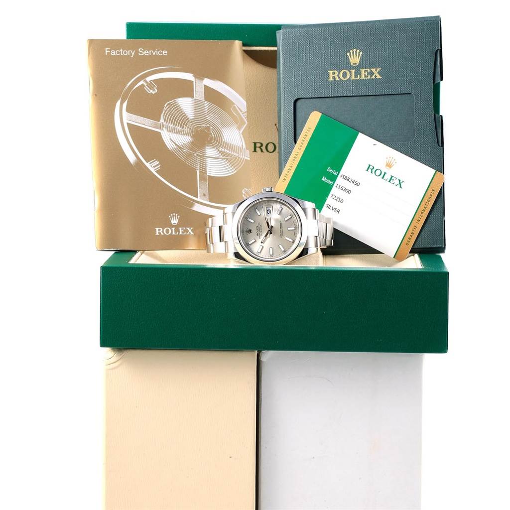 The image shows a front view of a Rolex Datejust 41 116300 Men's Stainless Steel Silver Dial 116300 Men's Stainless Steel Silver Dial watch with its box, warranty card, and service booklet.