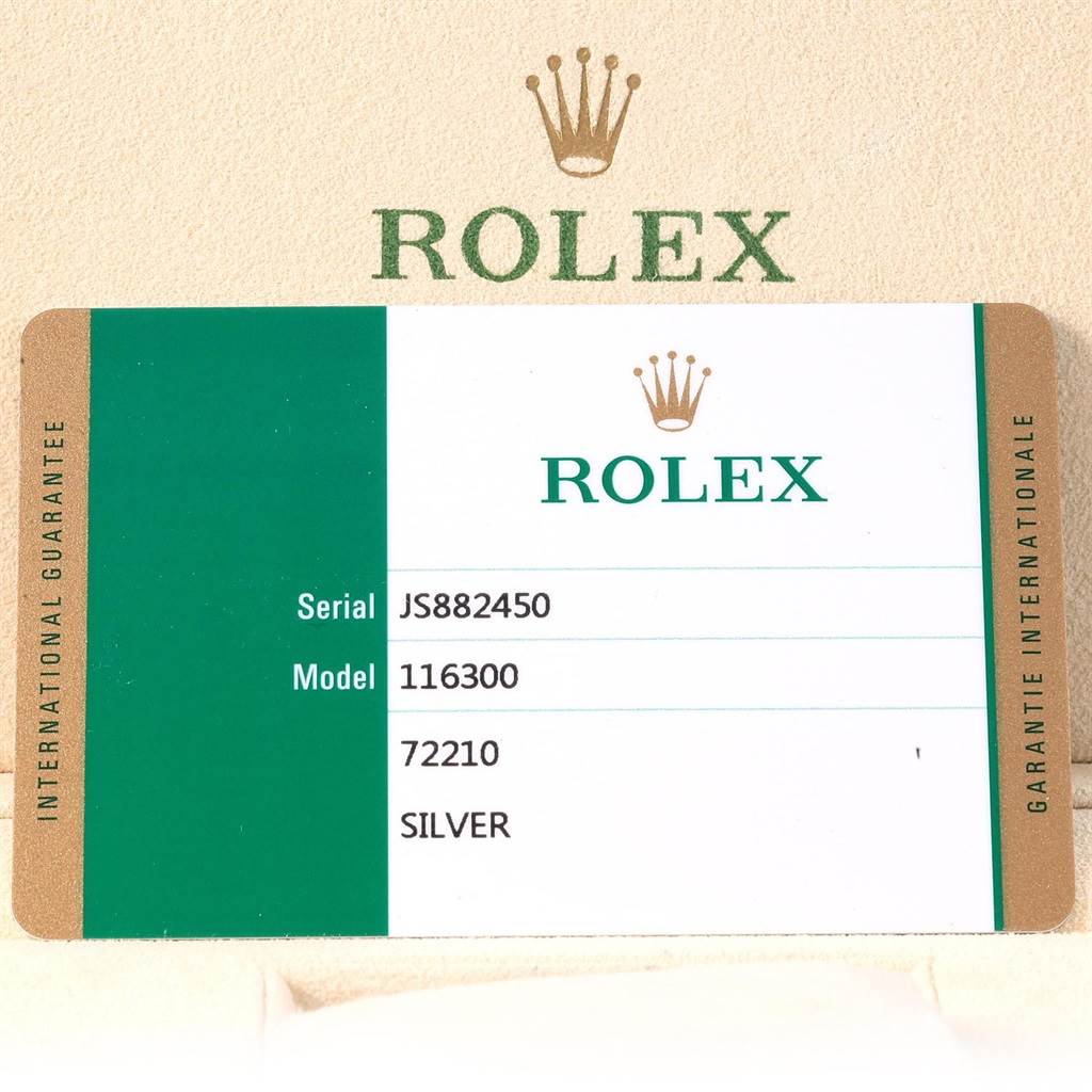 The image shows the guarantee card of a Rolex Datejust 41 116300 Men's Stainless Steel Silver Dial 116300 Men's Stainless Steel Silver Dial model with serial number JS882450 and model number 116300.