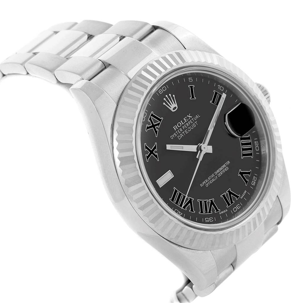The Rolex Datejust 41 116334 Men's Stainless Steel Grey Dial 116334 Men's Stainless Steel Grey Dial watch is shown at an angle highlighting the dial, bezel, and part of the bracelet.