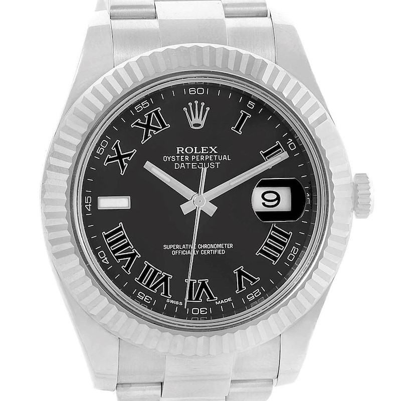 The Rolex Datejust 41 is shown from a front angle, displaying its black dial, Roman numerals, and cyclops date window.