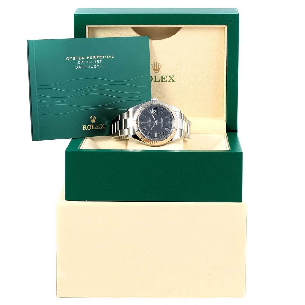The image shows a Rolex Datejust 41 116334 Men's Stainless Steel Grey Dial 116334 Men's Stainless Steel Grey Dial watch in its open green box with an accompanying instruction manual.
