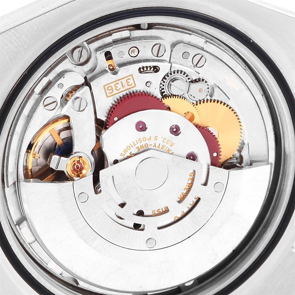 The image shows a close-up view of the internal movement mechanism of a Rolex Datejust 41 116334 Men's Stainless Steel Grey Dial 116334 Men's Stainless Steel Grey Dial watch.