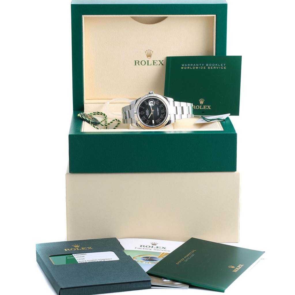 The image shows a Rolex Datejust 41 116334 Men's Stainless Steel Grey Dial 116334 Men's Stainless Steel Grey Dial watch from a front angle, with its box, warranty booklet, and additional documents.