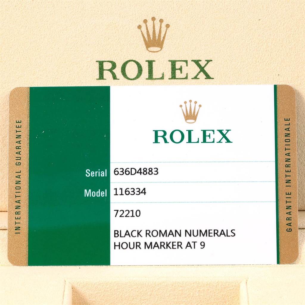 The image shows a Rolex warranty card for the Datejust 41 model, including serial and model numbers.