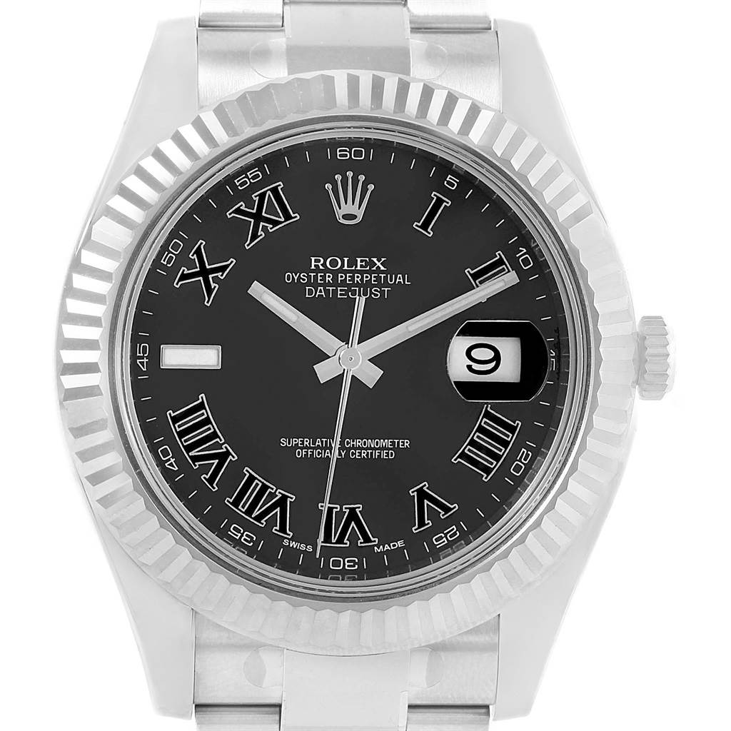 This image shows a front view of the Rolex Datejust 41 116334 Men's Stainless Steel Grey Dial 116334 Men's Stainless Steel Grey Dial watch, highlighting its dial, bezel, and bracelet.